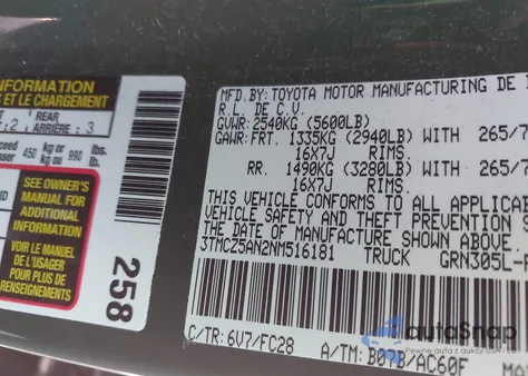 2022 Toyota Tacoma Sr5 V6 from USA, damaged, VIN 3TMCZ5AN2NM516181